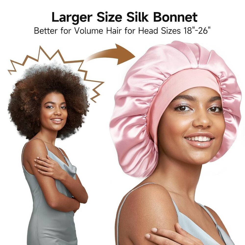 Silk Hair Bonnet Large for Long Hair Double Layer Soft Elastic Pink Sleep Cap - Picture 4 of 6
